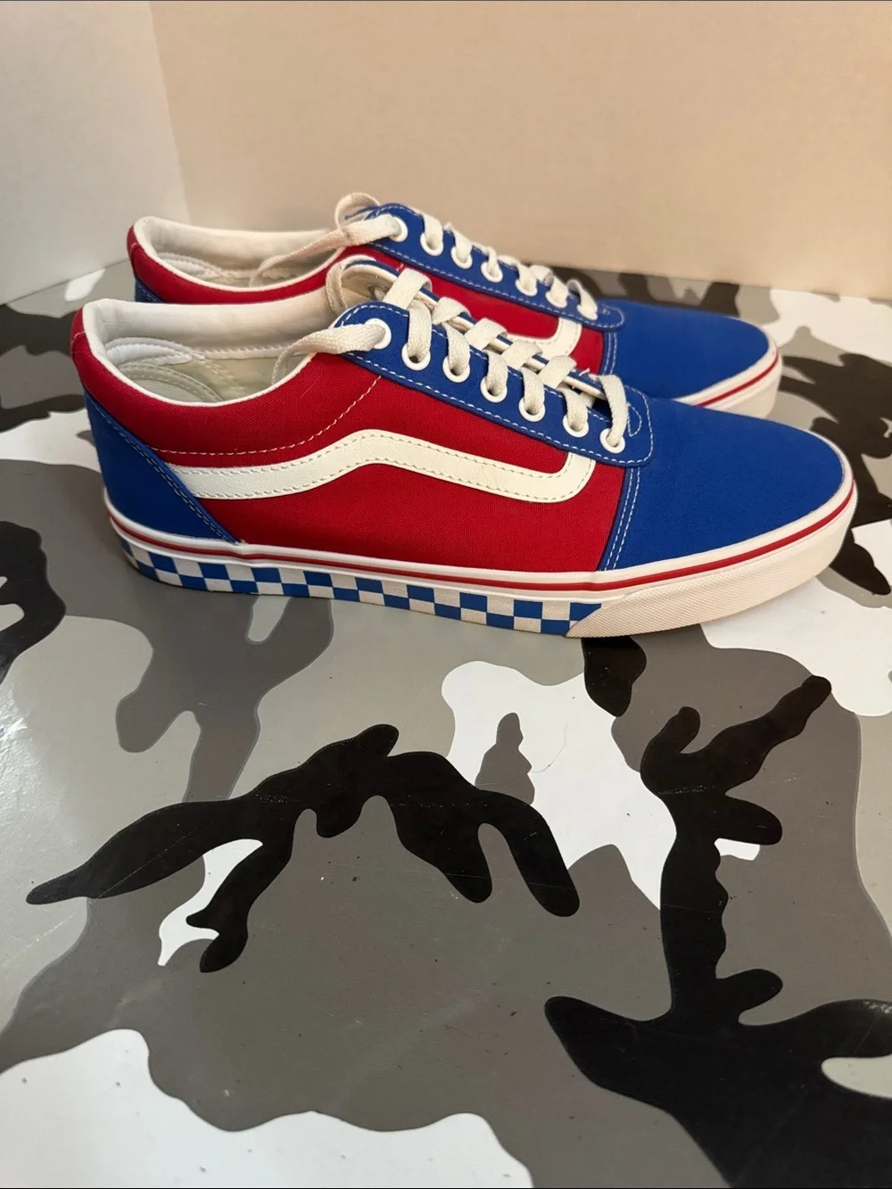 Vans Red and Blue Low-Top Skate Sneakers with Checkerboard Midsole